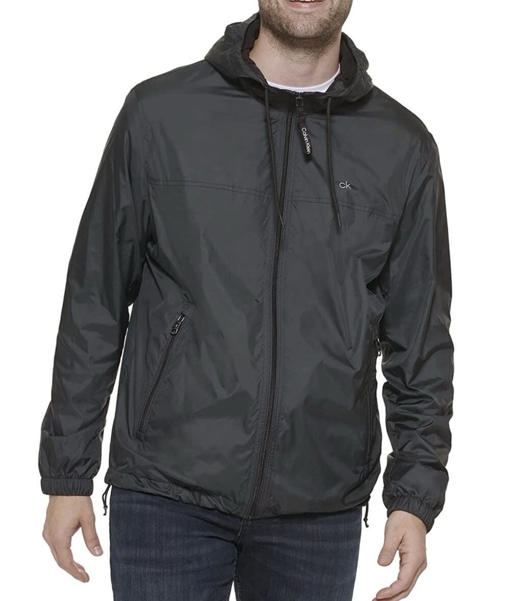Calvin Klein Fleece Lined Hooded Windbreaker Jacket Black Full Zip XXL